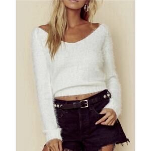 Minkpink Women's V-Neck Winter White Soft Eyelash Knit Pullover Sweater-Size XS